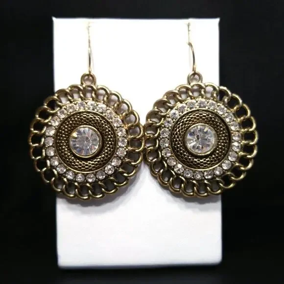 Vintage Clear Rhinestones Mesh Link Chain Round Drop Earrings, 2 Inches - Picture 2 of 8